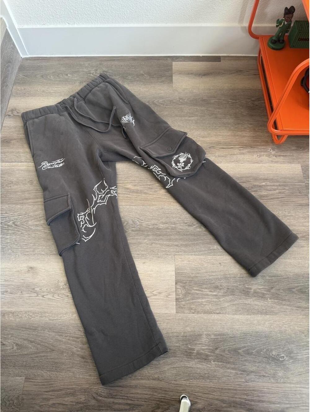 Civil Clothing Men's Black and Gray Fleece Sweatpants with Graphic Detail, Size